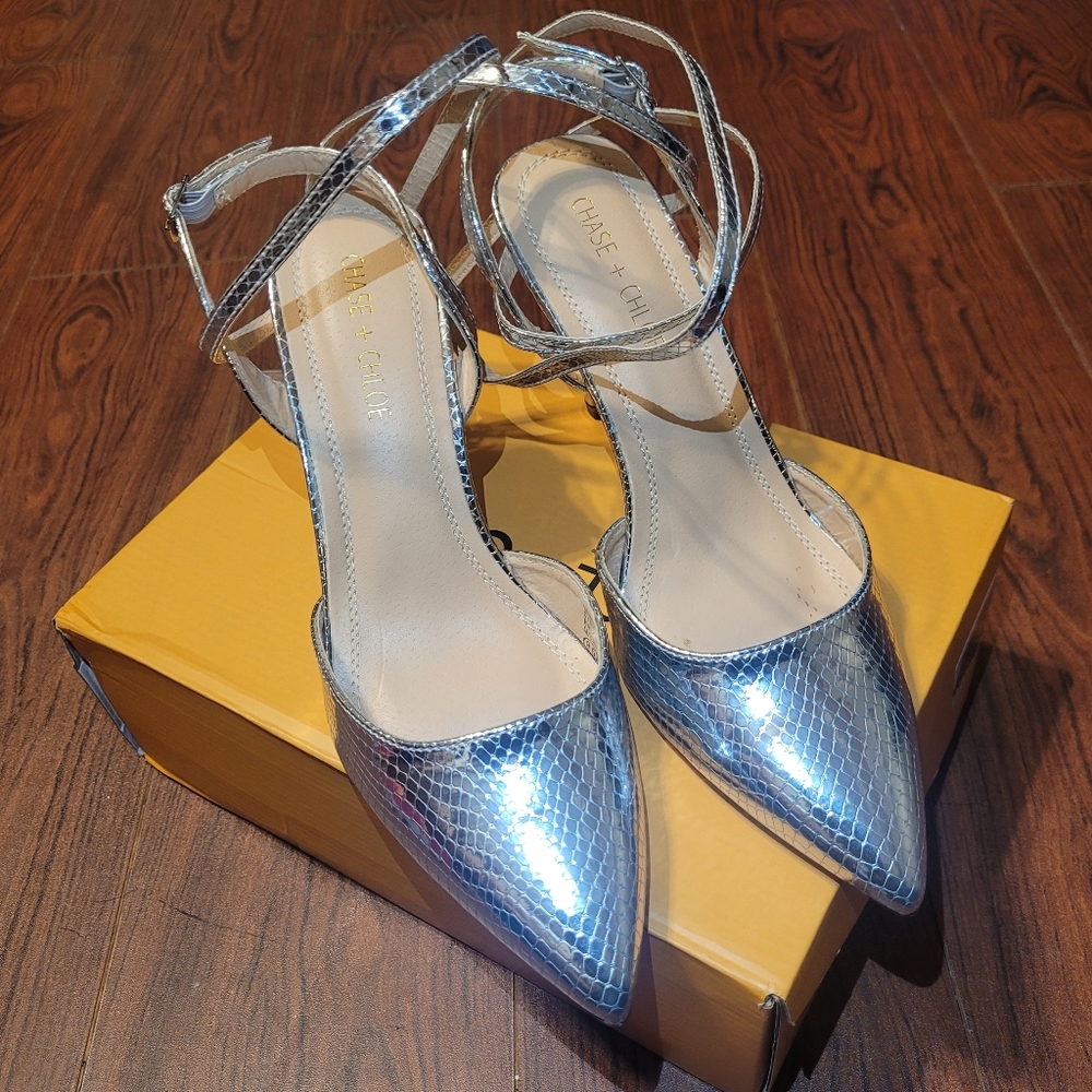 Silver snake skin strappy heels